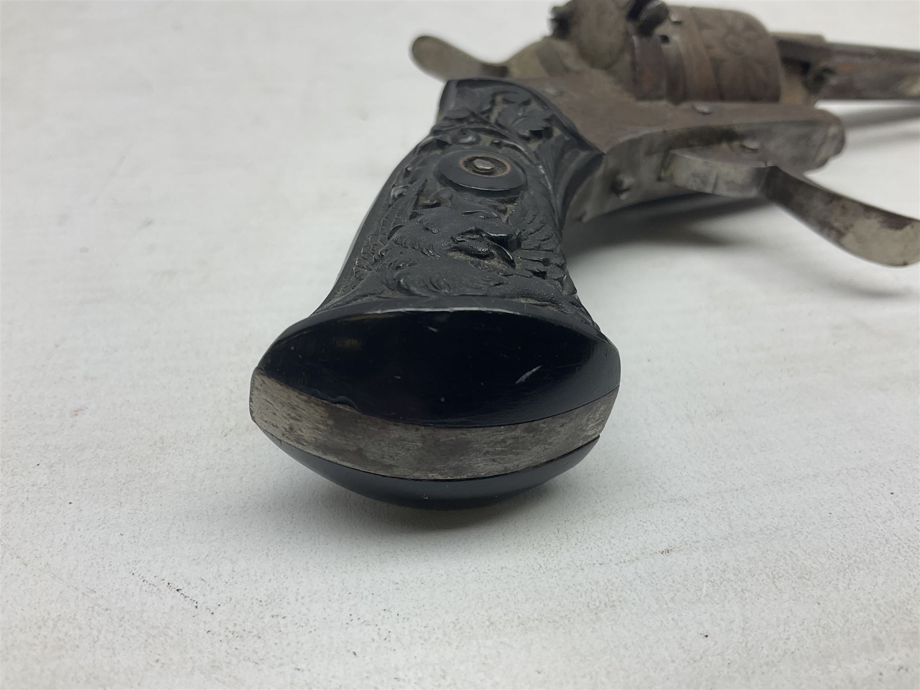 19th century Belgian 7mm pin-fire six-shot revolver with engraved action, folding trigger and ornate grips, ELG proof marks, No.4562 L20cm