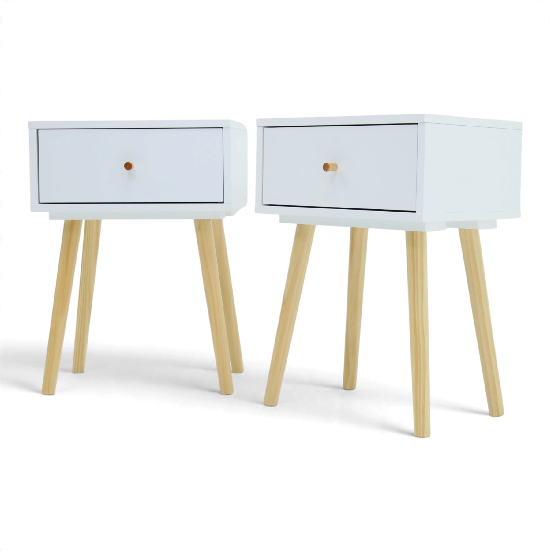 Contemporary pair of white single drawer bedsides, raised on tapering light wood supports