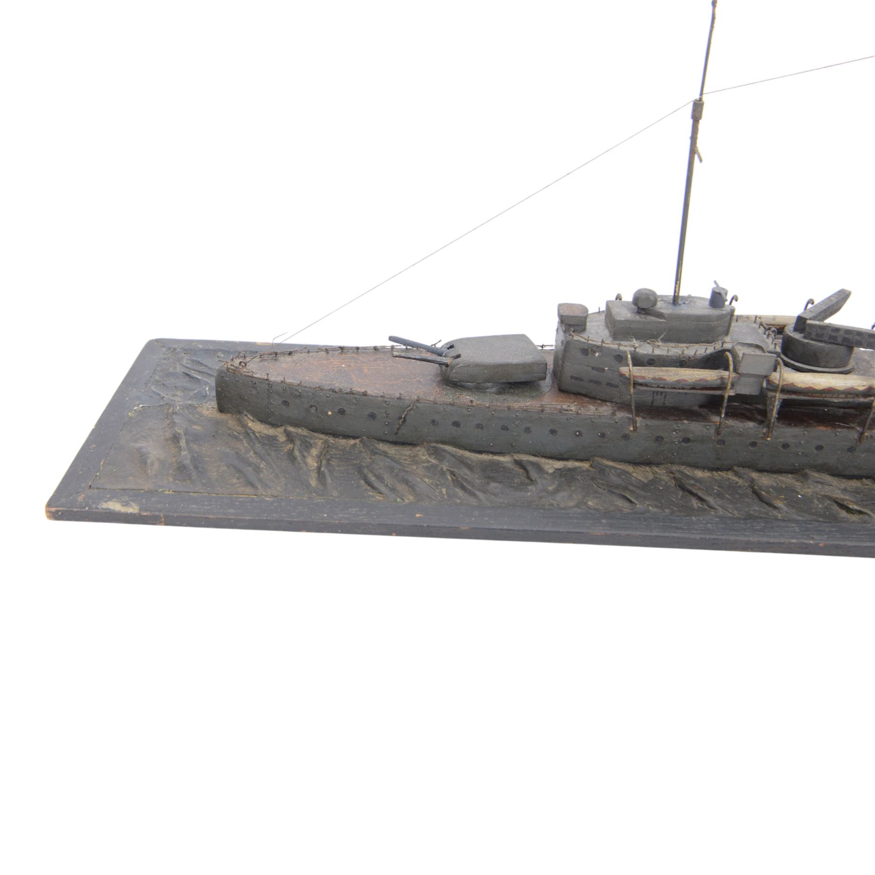  HMS Exeter, Waterline wartime metal model upon a wooden base, circa 1939-45, H24cm, L82cm  