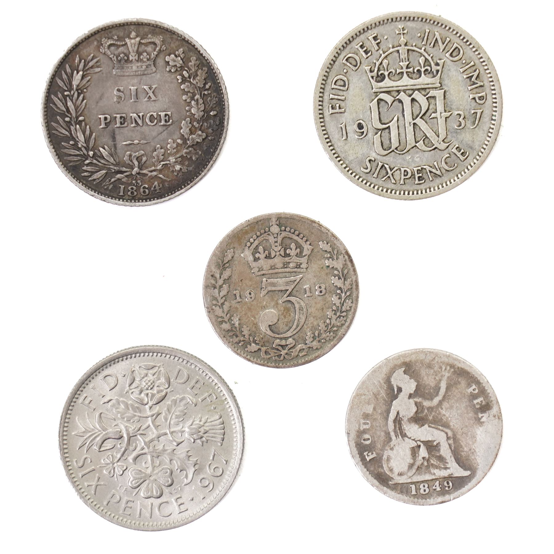 Two Queen Victoria silver one crown coins, 1889 and 1890, George III 1817 silver half crown, King George V 1935 silver half crown, and seven further coins