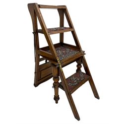 19th century oak metamorphic library steps and chair, panelled back with turned spindles over plank seat with turned front supports, the hinged seat folding forward, the steps inset with carpet treads  