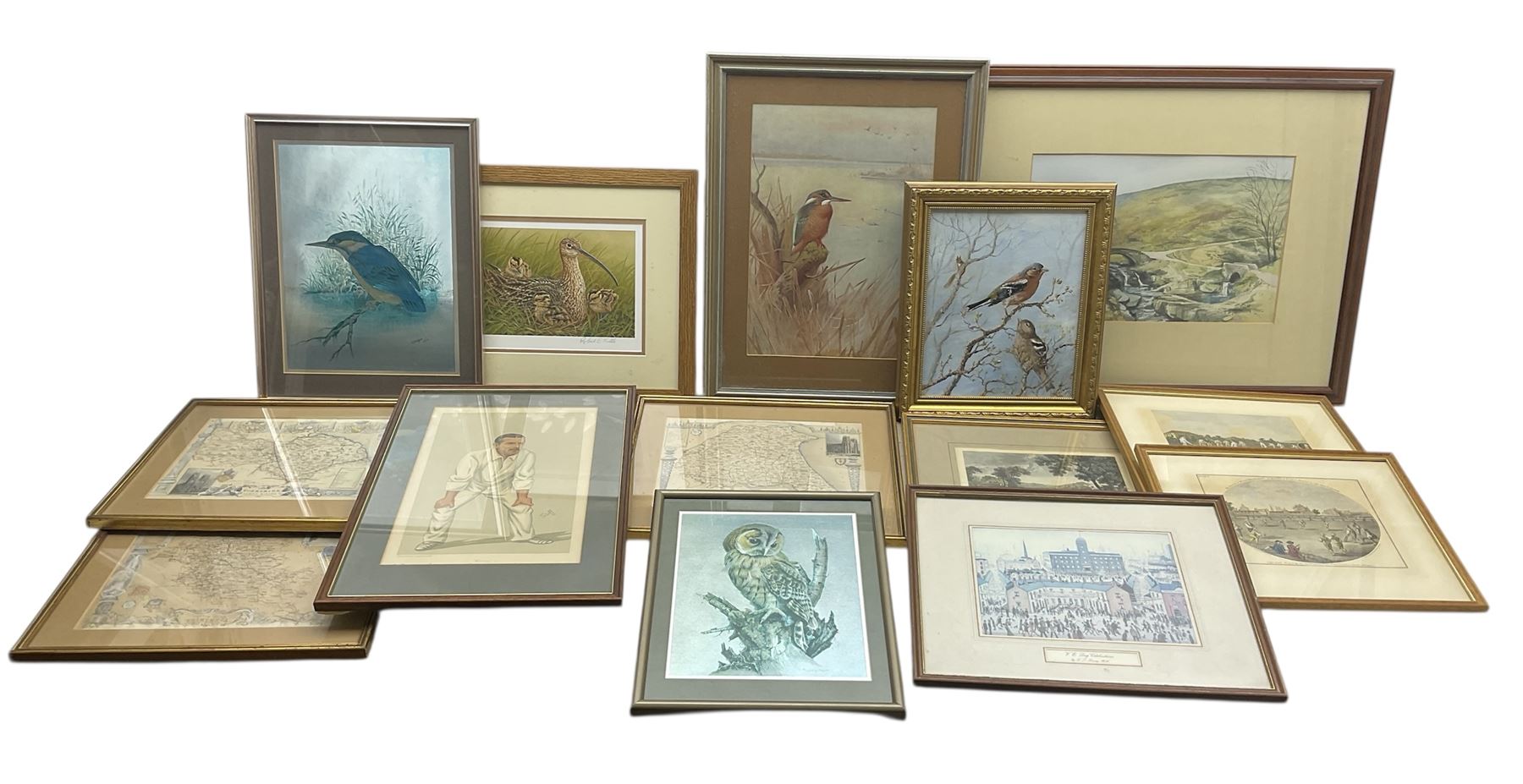 Collection of pictures, prints and maps, including Robert Fuller, W Forbes, Jeff Beaumont etc in one box