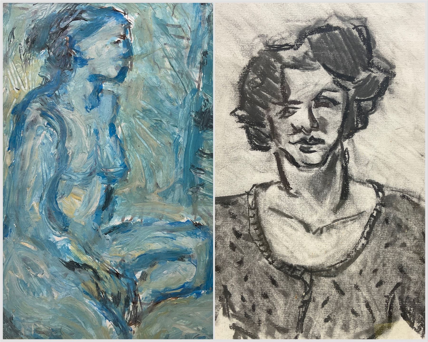 Barry De More (Northern British 1948-2023): 'Small Blue Nude' and 'Portrait of Marisa with Patterned Top', charcoal and watercolour on paper, each signed titled and dated 2010 and 2018 verso, max 24.5cm x 16cm (2)
Notes: Acclaimed as one of the North's greatest expressionist artists, Barry De More (1948-2023) used a heavy impasto style to transfer his love of Yorkshire landscapes, townscapes and people to canvas. His work sits comfortably in the company of work by Kossoff and Auerbach, selling to collectors in the UK and overseas. De More's work can be found in the permanent collection of work by Northern Artists at Dean Clough, one of the UK's largest contemporary art galleries.