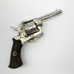 19th century plated Belgian 7mm pin-fire revolver, the six-shot cylinder inscribed 'The Young Lion 1881 New Pattern', with folding trigger and carved walnut split stock, barrel length 7.5cm, overall length 18.5cm