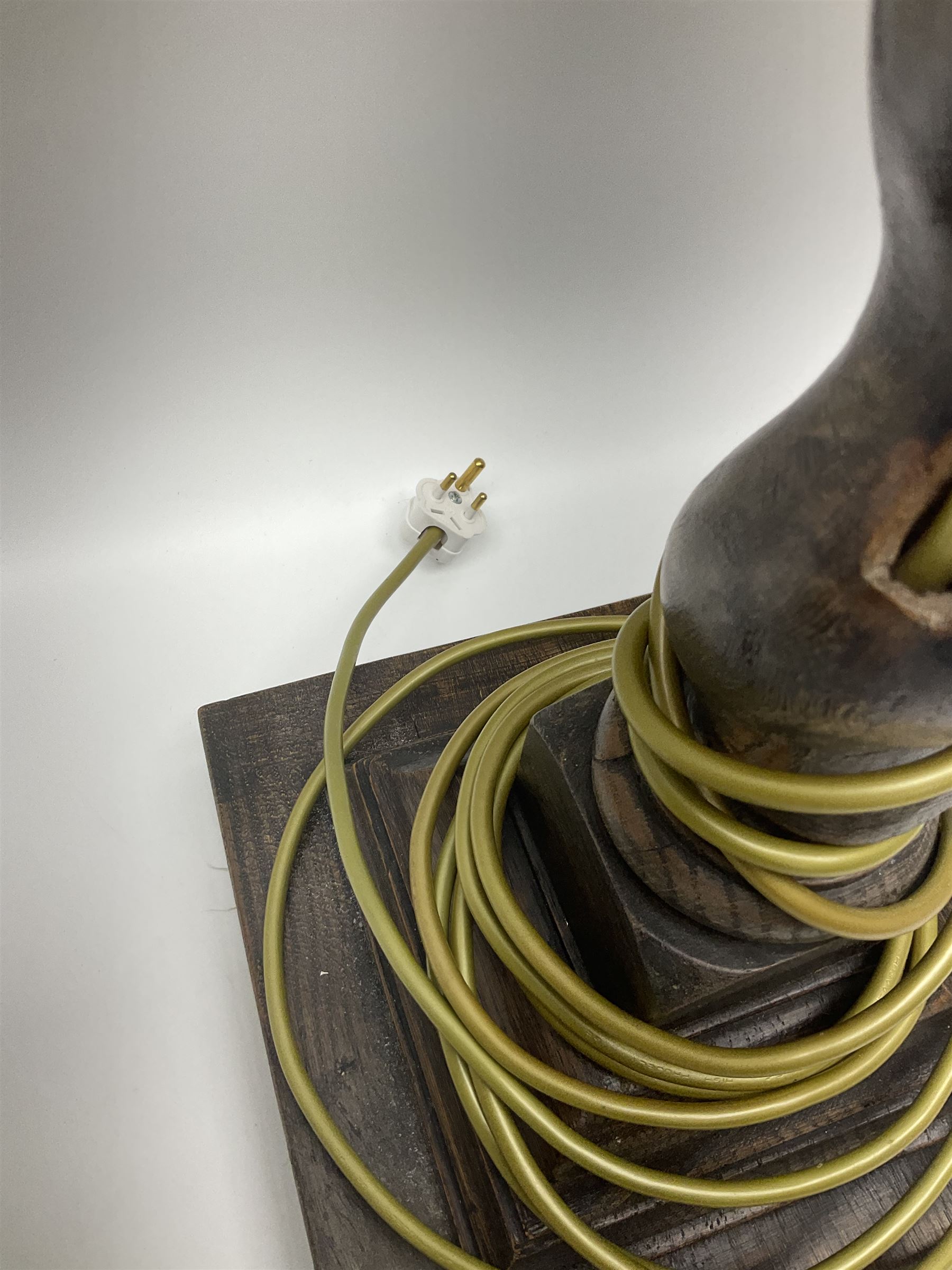 19th century oak barley twist table lamp, together with three other table lamps, including off white painted foliate example, tallest H86cm