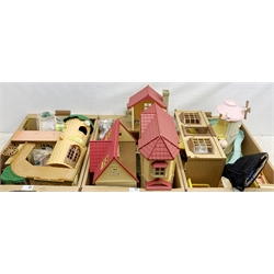 Sylvanian Families by Tomy - Primrose Baby Windmill, Country Tree School, Bakery, Cosy Cottage, Beechwood Hall connectable parts, two school buses and cart; together with large quantity of accessories, figures etc, all unboxed