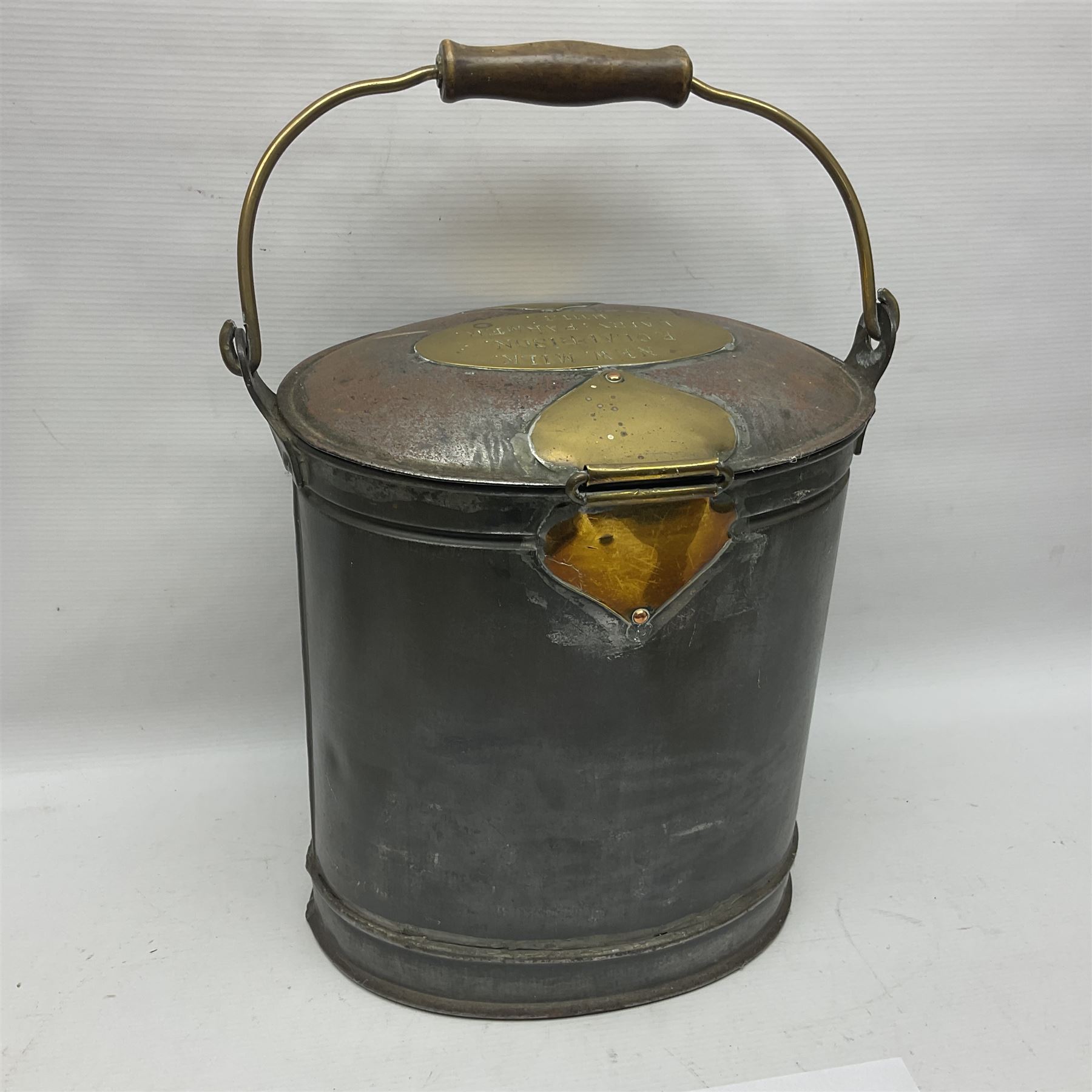 Late 19th/early 20th century steel and brass dairy pail or can, of oval form with swing handle, brass plaque to front and hinged cover inscribed 'F & T Ross Ltd Dairy Outfitters Hull', and 'New Milk F Clappison Dairy Farmer Hull', not including handle H30cm
