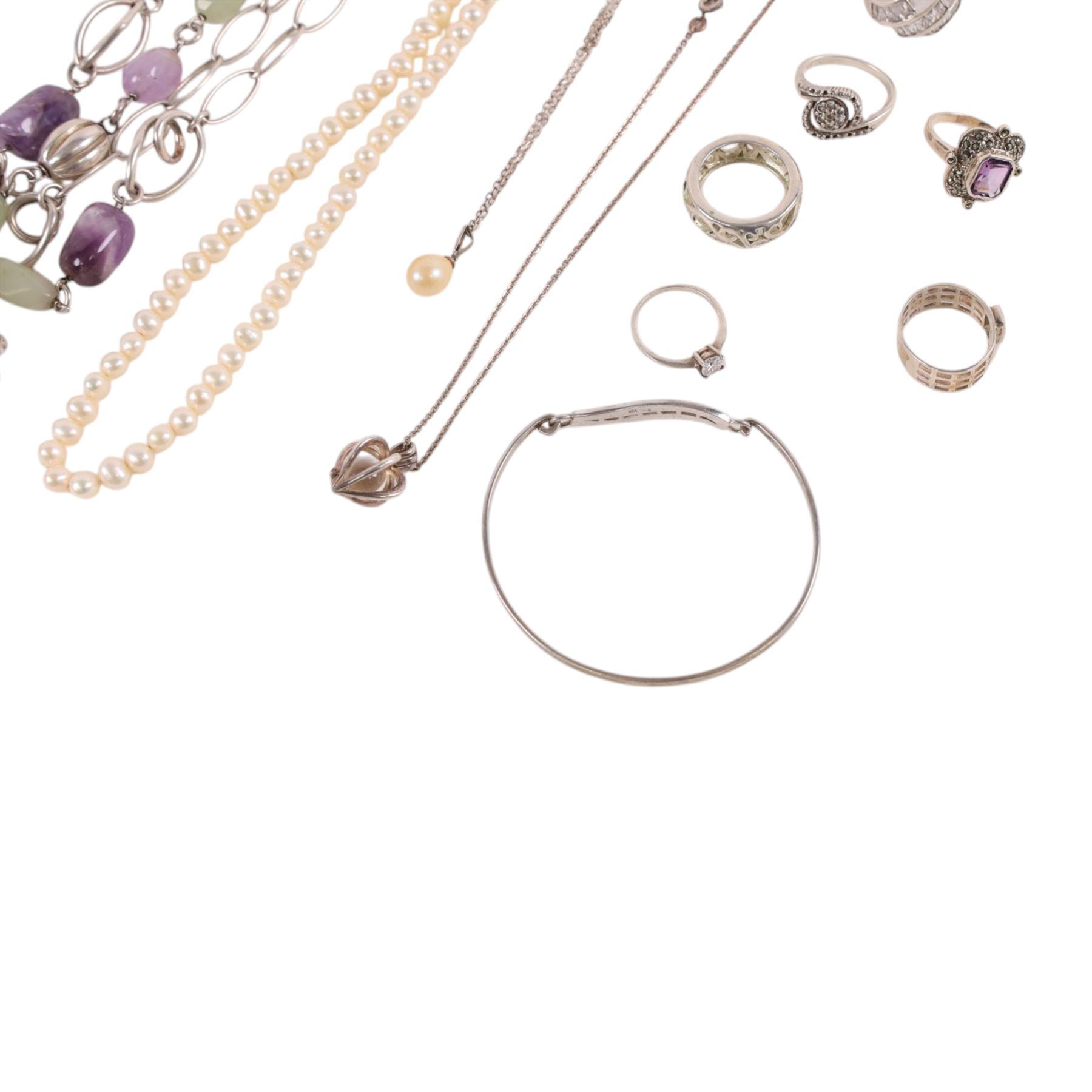 Silver and silver stone set jewellery, including cultured pearl necklace, rings, pendants, etc