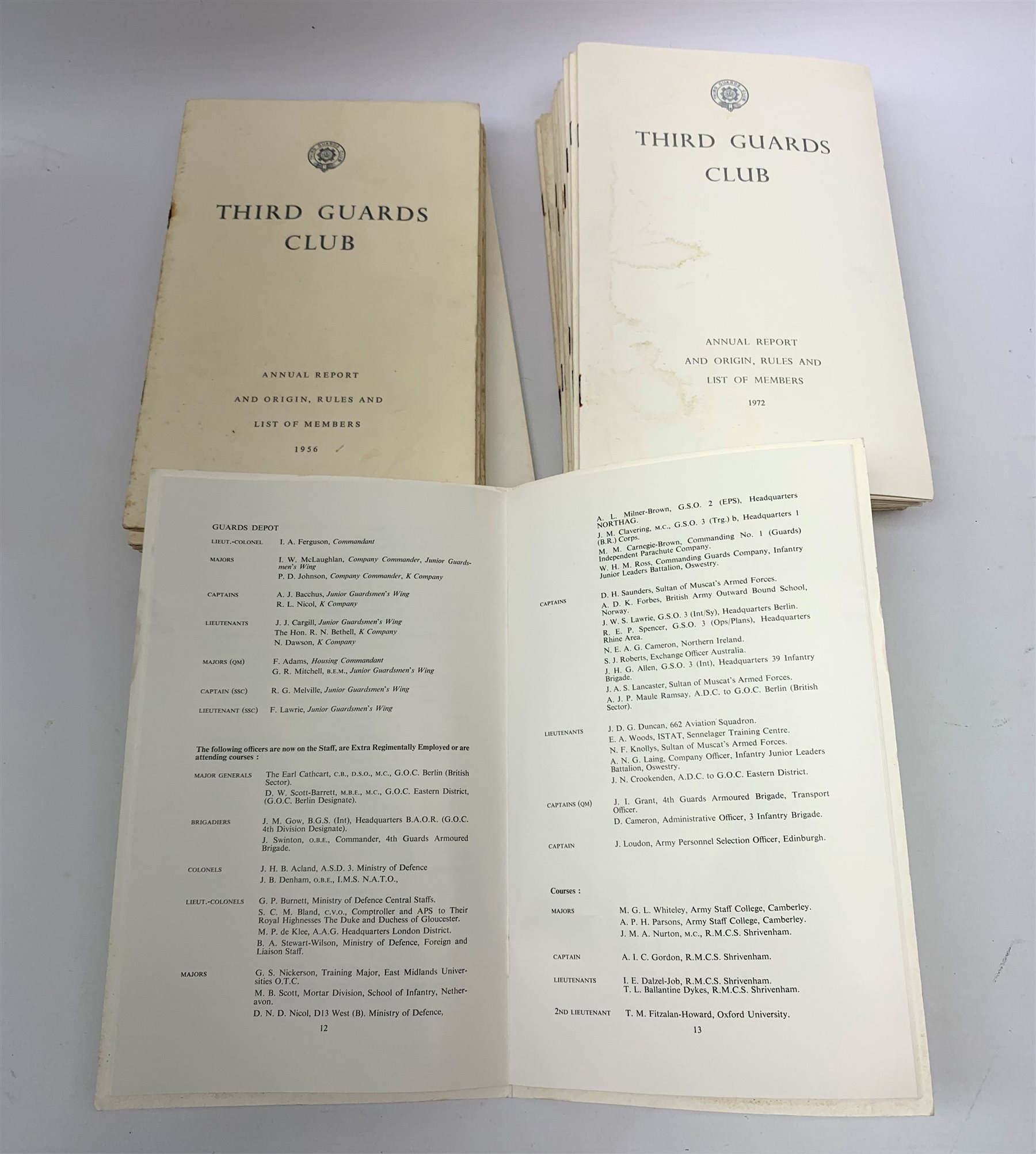 Scots Guards - ten copies of The Scots Guard Magazine, complete run 1964-73; twenty-eight copies of Scots Guards/Third Guards Club Annual Report, complete run 1947-74; A Short History of the Scots Guards. Two volumes. 1642-1962 and 1642-82; Famous Regiments - The Scots Guards; and quantity of invitations to various annual dinners, Buckingham Palace garden parties etc