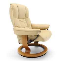 Ekornes Stressless - beech framed reclining swivel armchair with matching footstool, on U-shaped supports with circular bases, upholstered in beige leather
