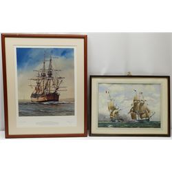 Adrian Thompson (British 1960-): 'Setting the Sail for Home' - HM Bark Endeavour, limited edition colour print signed dated '98 and numbered 97/500 in pencil 49cm x 37cm; RJ Wakefield (British 20th century): USS Constellation vs L'Insurgente, watercolour signed 28cm x 40cm (2)