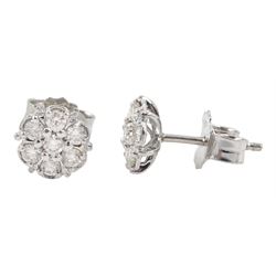 Pair of 18ct white gold diamond flower head cluster stud earrings, with detachable Tahitian black pearl pendants, stamped 750, total diamond weight approx 0.45 carat