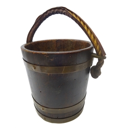  19th century brass bound coopered bucket with leather clad rope handle, H31cm   