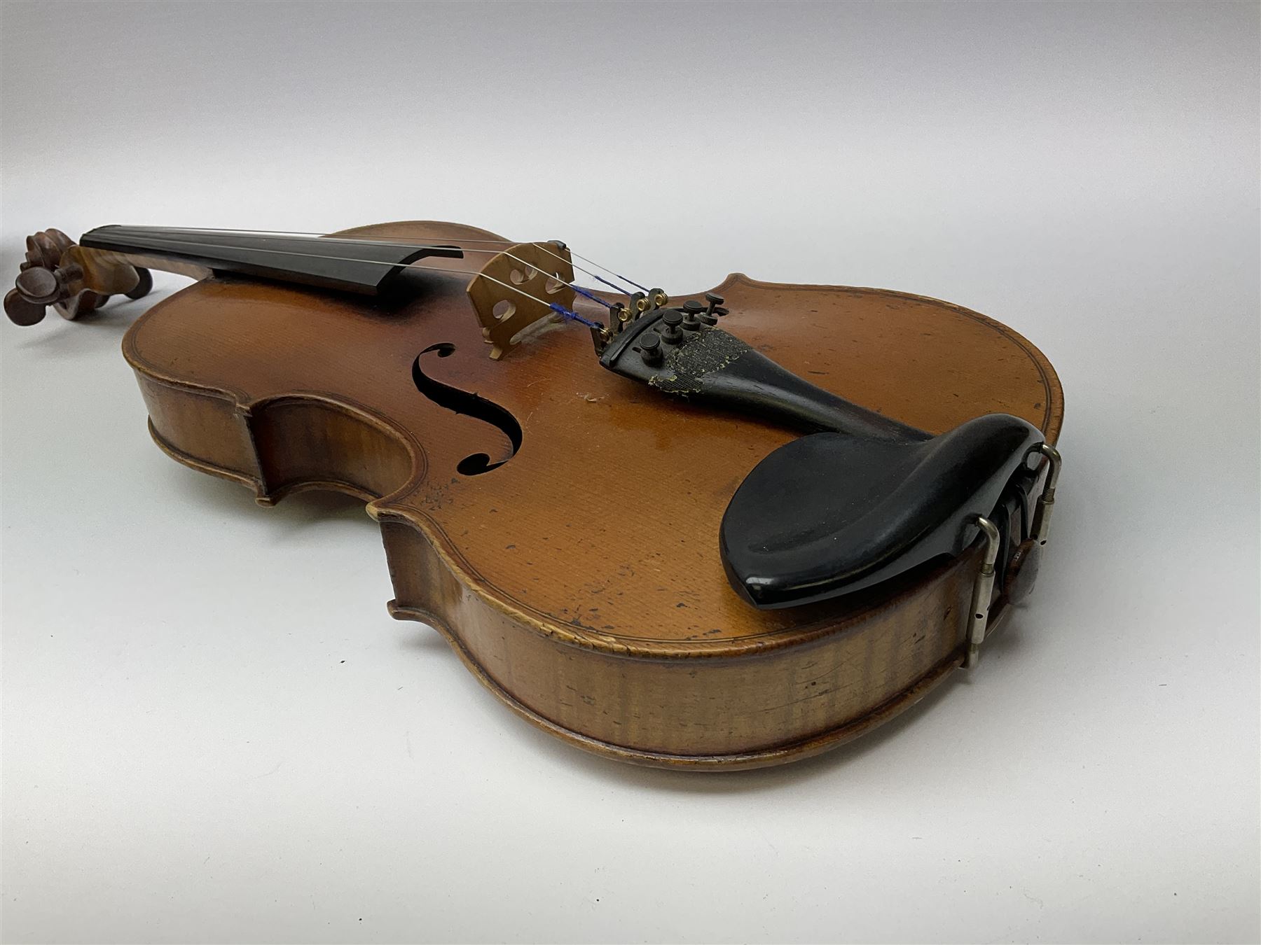 French Mirecourt violin c1920s with 36cm one-piece maple back and ribs and spruce top, labelled Jermone Thibouville-Lamy, L59cm, in fitted carrying case with German bow and 1984 valuation certificate by Frome Valley Music