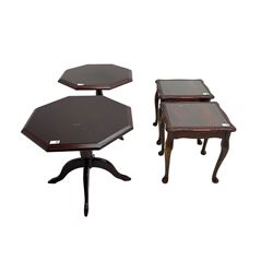 Pair mahogany occasional, octagonal top raised on pedestal with quadripod base (W55cm H48cm); pair mahogany side tables, rectangular glass inset top with shaped edge, raised on cabriole supports (W40 D35cm H42cm) (4)