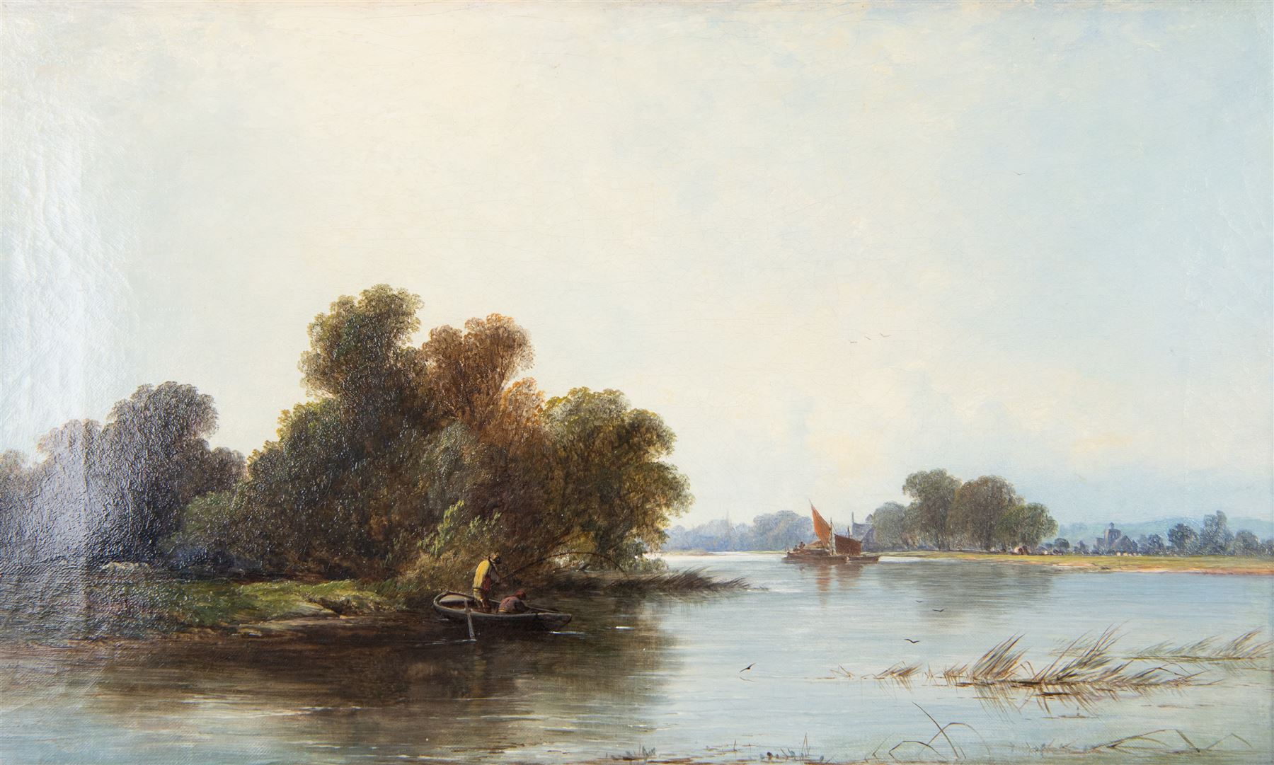 George Augustus Williams (British 1814-1901): Fishing on the Thames, oil on canvas, signed and titled on original label verso 30cm x 50cm 
Provenance: private collection, purchased David Duggleby Ltd 6th December 2019 Lot 102