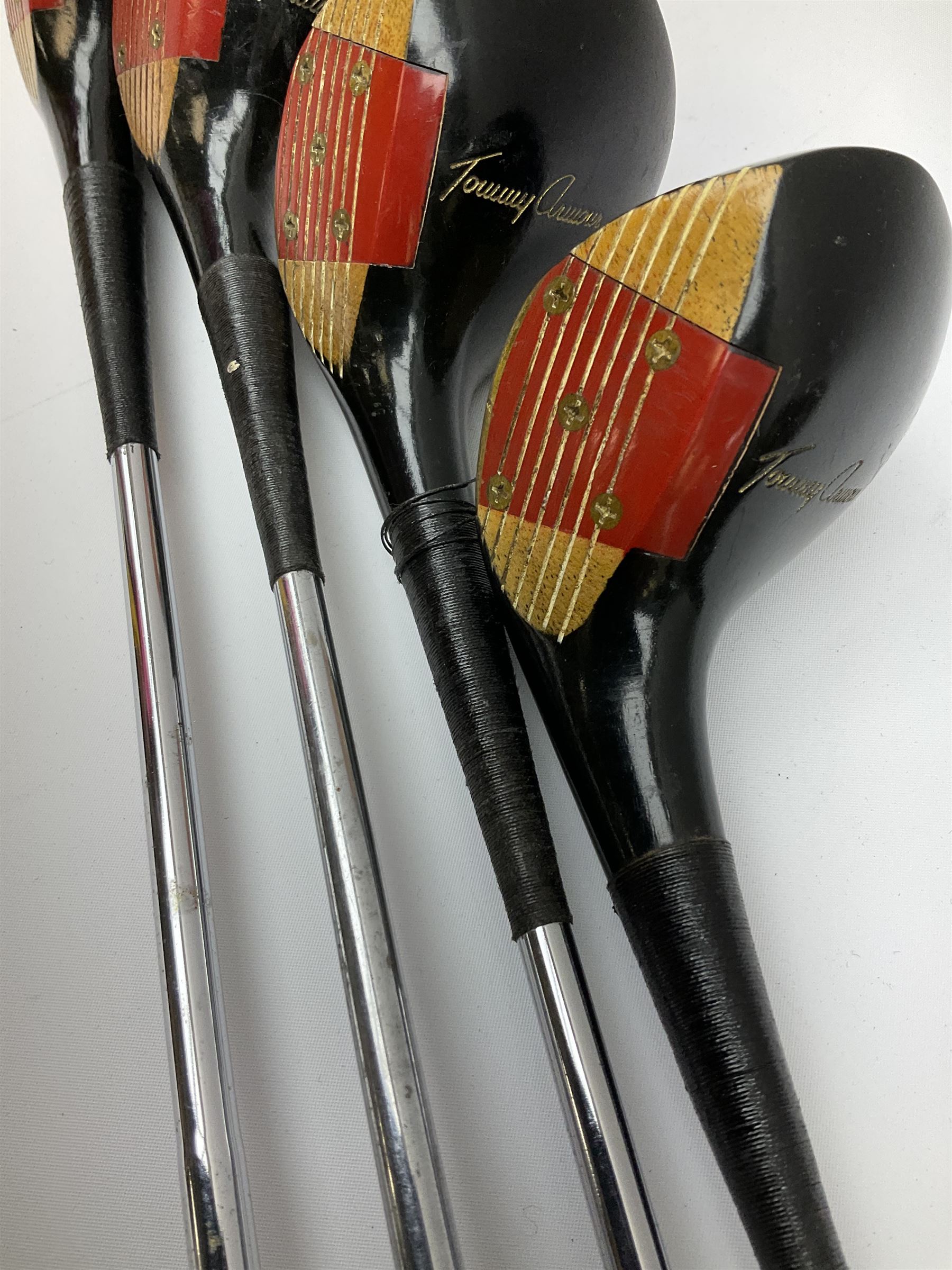 Golf - three early 20th century hickory shafted irons marked R. Simpson, Harrods Ltd etc; child's wooden shafted putter; two transitional wood grain steel shafted irons, one marked Tom Morris; and set of four Macgregor Tommy Armour woods (10)