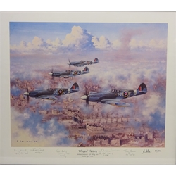  'Winged Victory Johnnie Johnson's 125 Wing over Berlin, April, 1945', limited edition colour print No.34/750 after Ron Belling. Signed by the artist and squadron's Johnnie Johnson, Harry Walmsley, Peter Cowell, Ross Harding and Terry Spencer with certificate 59cm x 69cm  