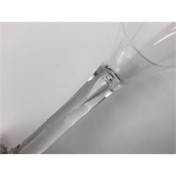 18th century wine glass, the trumpet shaped bowl upon tear drop stem and conical folded foot, H15.5cm, together with an 18th century cordial glass, the round funnel bowl on plain knopped stem and folded conical foot