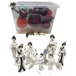 Quantity of large brandy balloon glasses to include cranberry, blue and green examples, and quantity of cat and dog ornaments, Two The Leonardo Collection figures of geisha women, together with five other oriental style figures