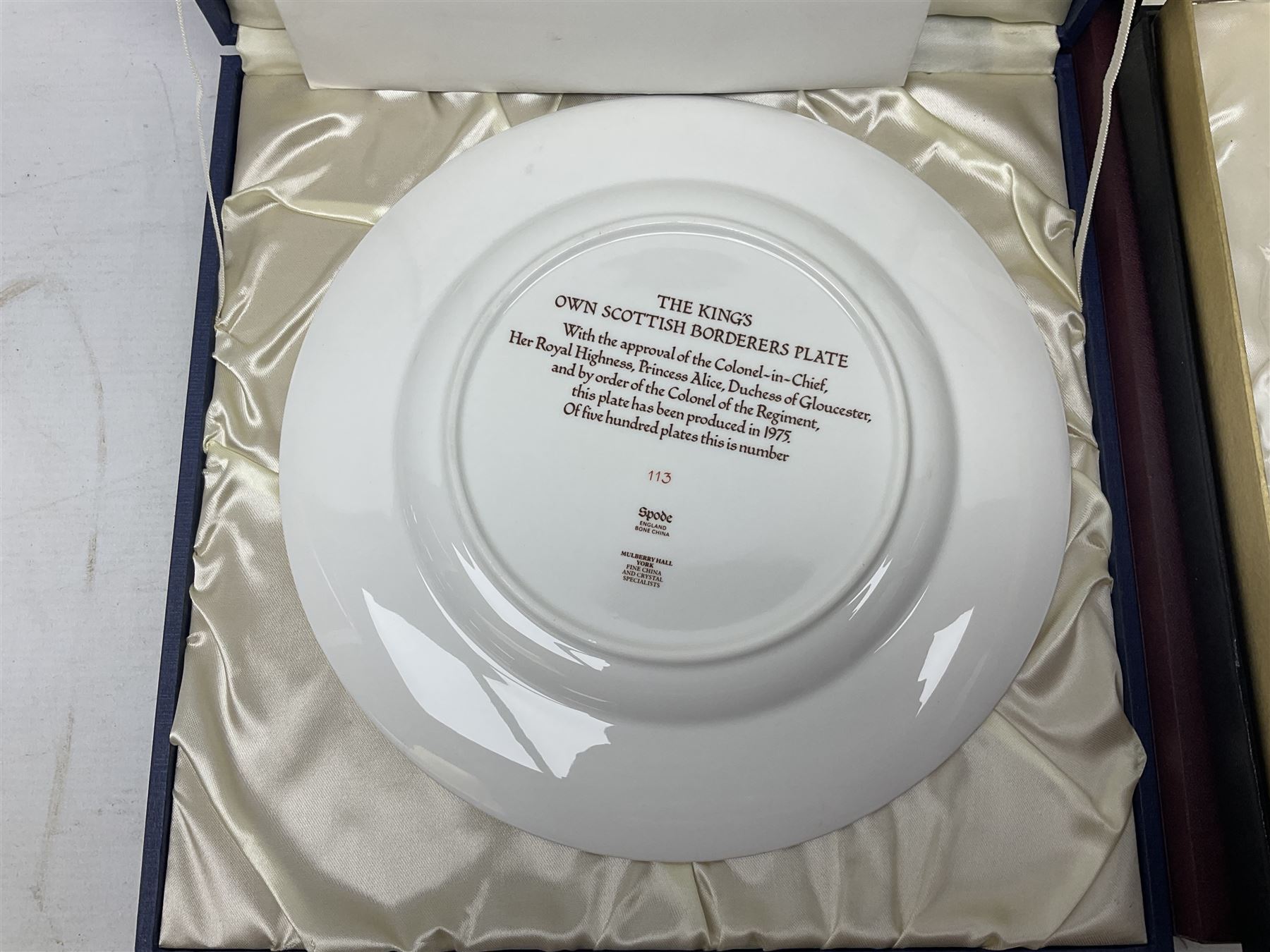 Five Spode Mulberry Hall limited edition Regimental commemorative plates - Argyll & Sutherland Highlanders No.9/500; Cheshire Regiment No.352/500; Kings Own Scottish Borderers No.113/500; Black Watch Royal Highland Regiment No.331/500; and Royal Welch Fusiliers No.309/500; all boxed with certificates (5)
