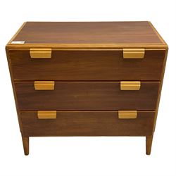 Loughborough - mid-20th century teak chest, rectangular top with moulded edge, fitted with three long drawers, on tapering feet