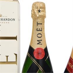Moet & Chandon champagne 750ml 12%, Monopole Heidsieck Blue top 750ml 12% vol, Bollinger Champagne 75cl 12% vol and two others  