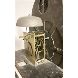 Timothy Richardson of Darlington-late 18th century 30hr longcase clock movement and dial c 1780, break arch brass dial with engraved spandrels, engraved dial centre and date aperture, silvered boss to the arch with makers name and place of work, with a silvered chapter, Roman numerals, five minute Arabic's, minute track and original steel hands, dial pinned directly to a chain driven movement with a recoil anchor escapement and outside countwheel strike, sounding the hours on a cast bell. With weight and pendulum. Dial 12