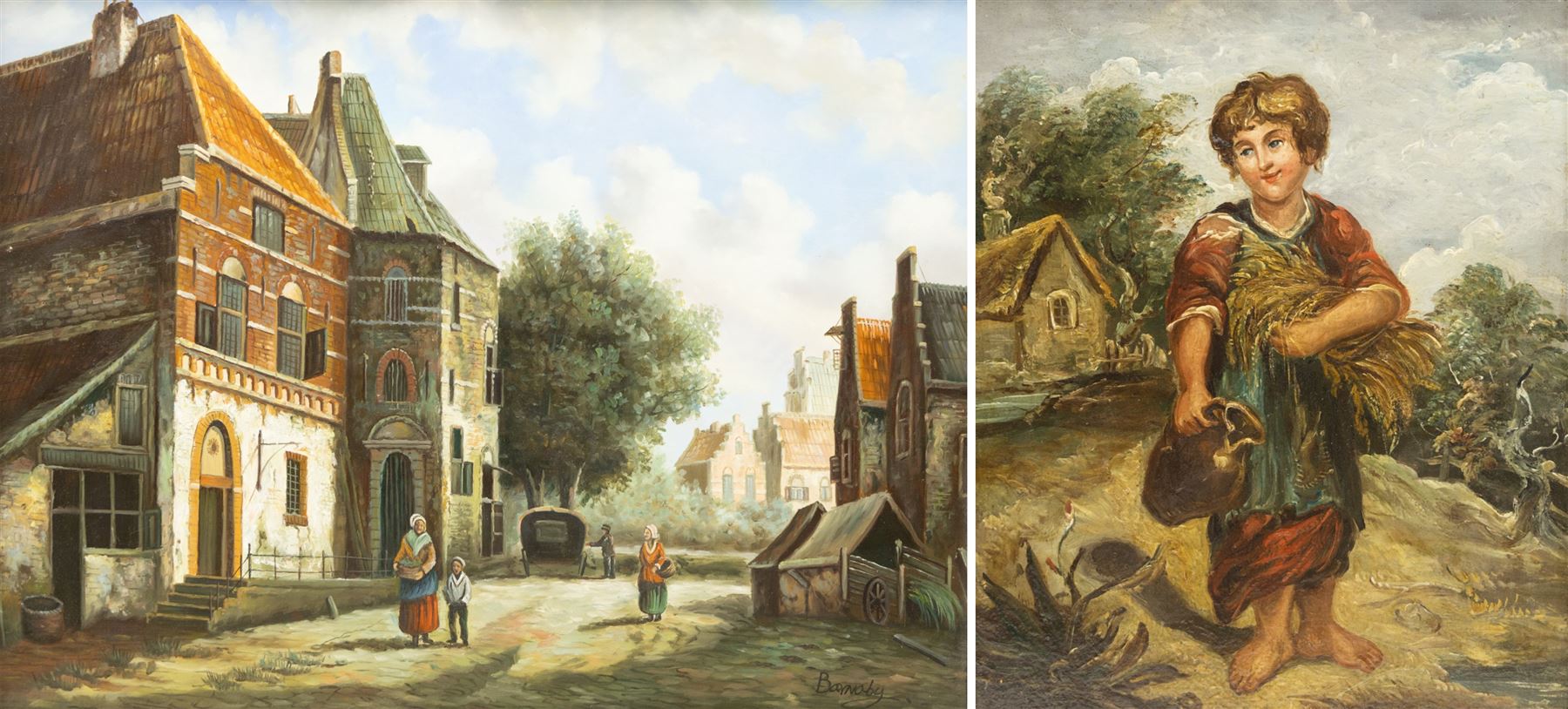 Continental School (20th Century): Dutch Street Scene, oil on panel indistinctly signed 29cm x 39cm; Naive School (20th Century): Girl with Water Jug, oil on board unsigned 26cm x 21cm (2)