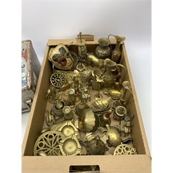 A group of assorted brassware, to include various figures, vases, etc., together with two small ammunition chests. 