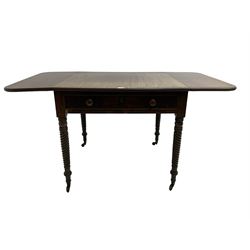 Early 19th century mahogany centre table, moulded rectangular drop leaf top with rosewood banding, fitted with deep single frieze drawer, on rope twist supports with brass cups and castors