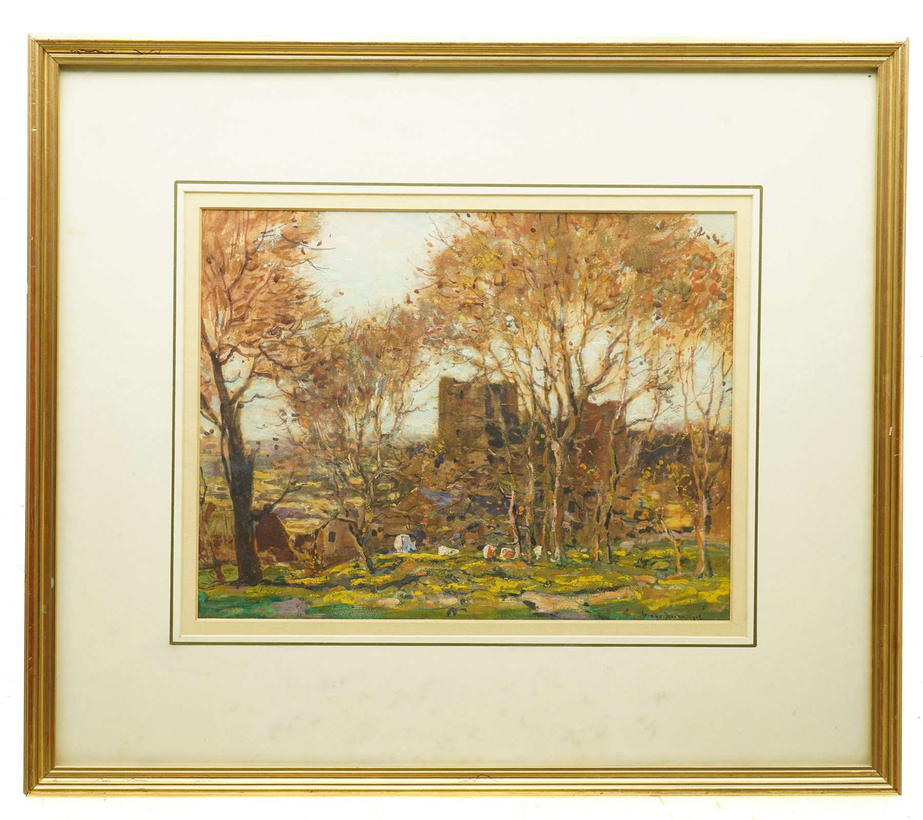 George Graham (British 1881-1941): Cows Grazing at Castle Bolton in Autumn, oil on card signed and dated 1916, 29cm x 38cm