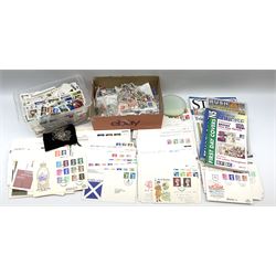 Queen Elizabeth II First Day Covers including examples with printed addresses and special postmarks, mixed stamps on paper and loose, small number of pre 1947 silver threepence pieces, broken chain stamped '925', unmarked pocket watch chain etc, in one box