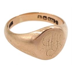9ct rose gold signet ring engraved with monogrammed initials by Henry Griffiths & Sons, hallmarked 
