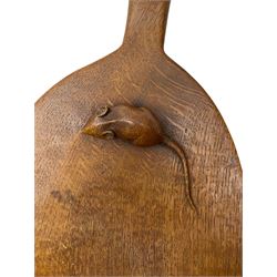 Mouseman - circa. 1940s/50s adzed oak cheese board, oval form with handle, the board carved with mouse signature, by Robert Thompson of Kilburn, L37cm D18cm 