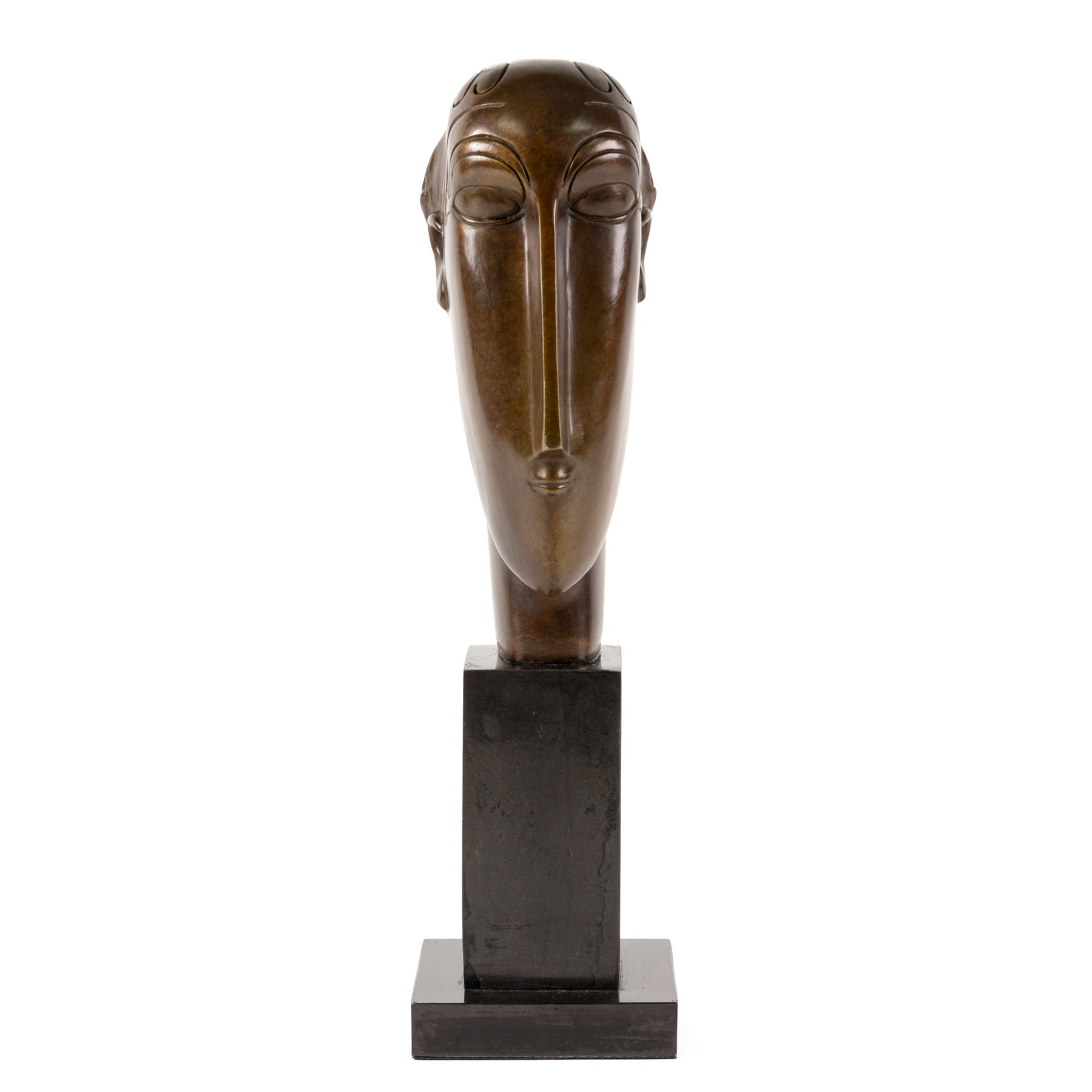 After Amedeo Modigliani - bronze sculpture modelled as a female face, upon a square base, overall H38cm