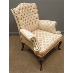  Hepplewhite style armchair, serpentine deep button back, brass nail upholstered seat and arms on shell and scroll carved cabriole fore leg, pad foot, curved back leg, W80cm,   