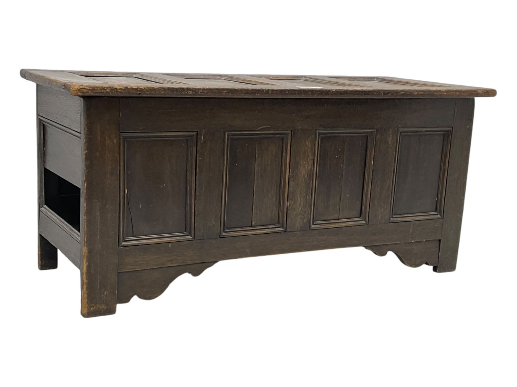 18th century design oak coffer, four panel hinged lid over four panel front, panelled sides, on stile supports with shaped brackets 