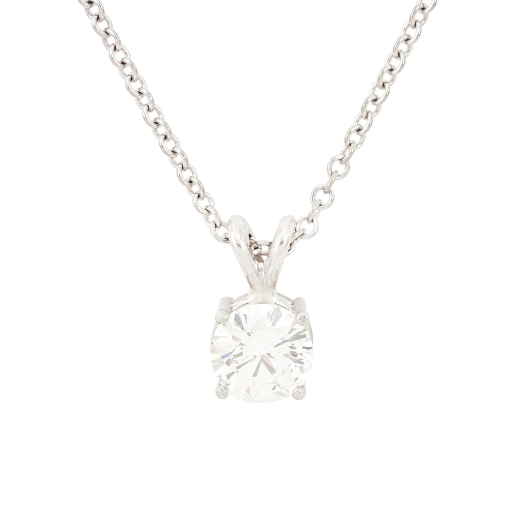 18ct white gold diamond pendant necklace, set with a single round brilliant cut diamond of approx 1.35 carat, on a fine belcher link chain necklace