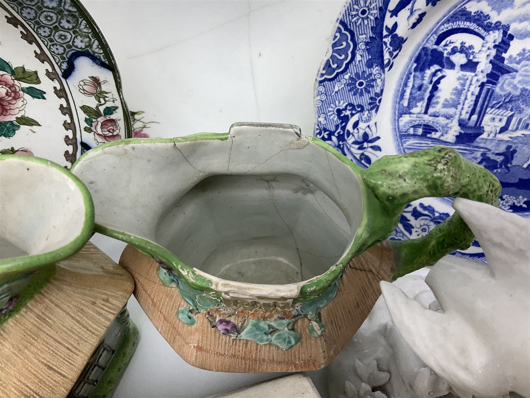 Royal Crown Derby Brocade pattern jug and sugar bowl, together with a similar gilt floral pattern bowl, three graduating Staffordshire style pearlware cottage jugs, Leeds Pottery model cottage and other ceramics and glassware, etc