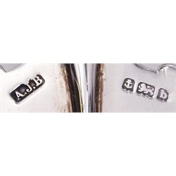 Edwardian silver and mother of pearl handled four piece afternoon tea set, comprising bread trident, pickle fork, preserve spoon, and butter knife, each with foliate engraved detail to prongs, blade and bowl, hallmarked A J Bailey, Birmingham 1901