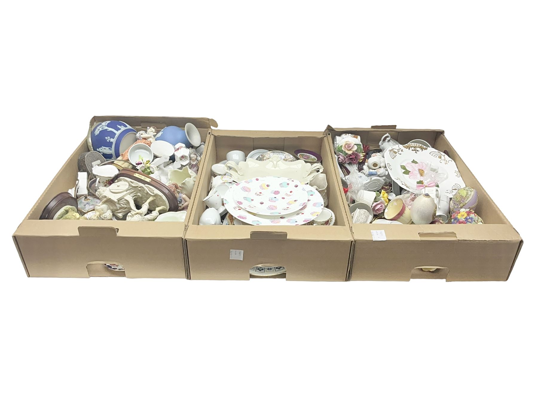 Wedgwood Jasperware biscuit barrel and vase, together with a collection of other ceramics including trinket boxes, flower displays and figures, etc in three boxes