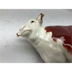 Three Beswick models comprising Hereford Bull no 949, 'CH Cutmil Cupie' Pug, and bay Shire horse, all with printed marks beneath