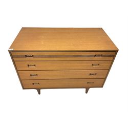 Butilux - mid-20th century teak chest, fitted with five graduating drawers, the top with horizontal reeding decoration, raised on tapering supports