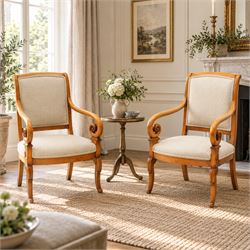 Pair of French Empire design fauteuil armchairs, high back over scrolled arm terminals, up...