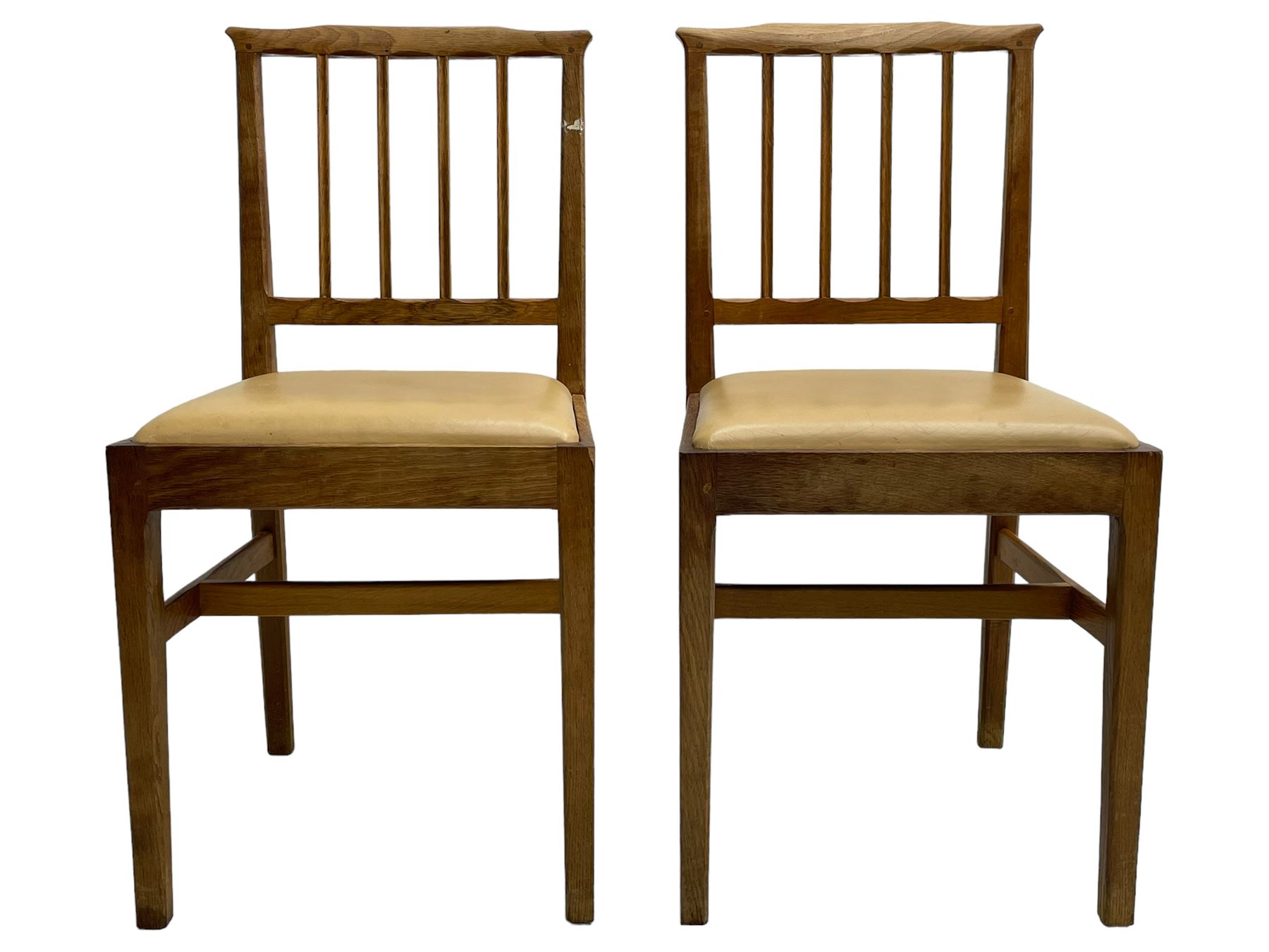 Acornman - set six (4+2) oak dining chairs, shaped cresting rail over moulded upright slats, square tapering supports joined by H-stretchers, by Alan Grainger, Brandsby, York