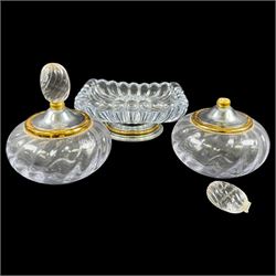  Glass vanity dish and pair of lidded vessels, retailed by Harrods, dish L17cm, H7cm