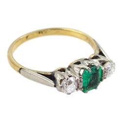 Early 20th century 15ct and palladium three stone emerald and old cut diamond ring, emerald approx 0.35 carat, total diamond weight approx 0.40 carat