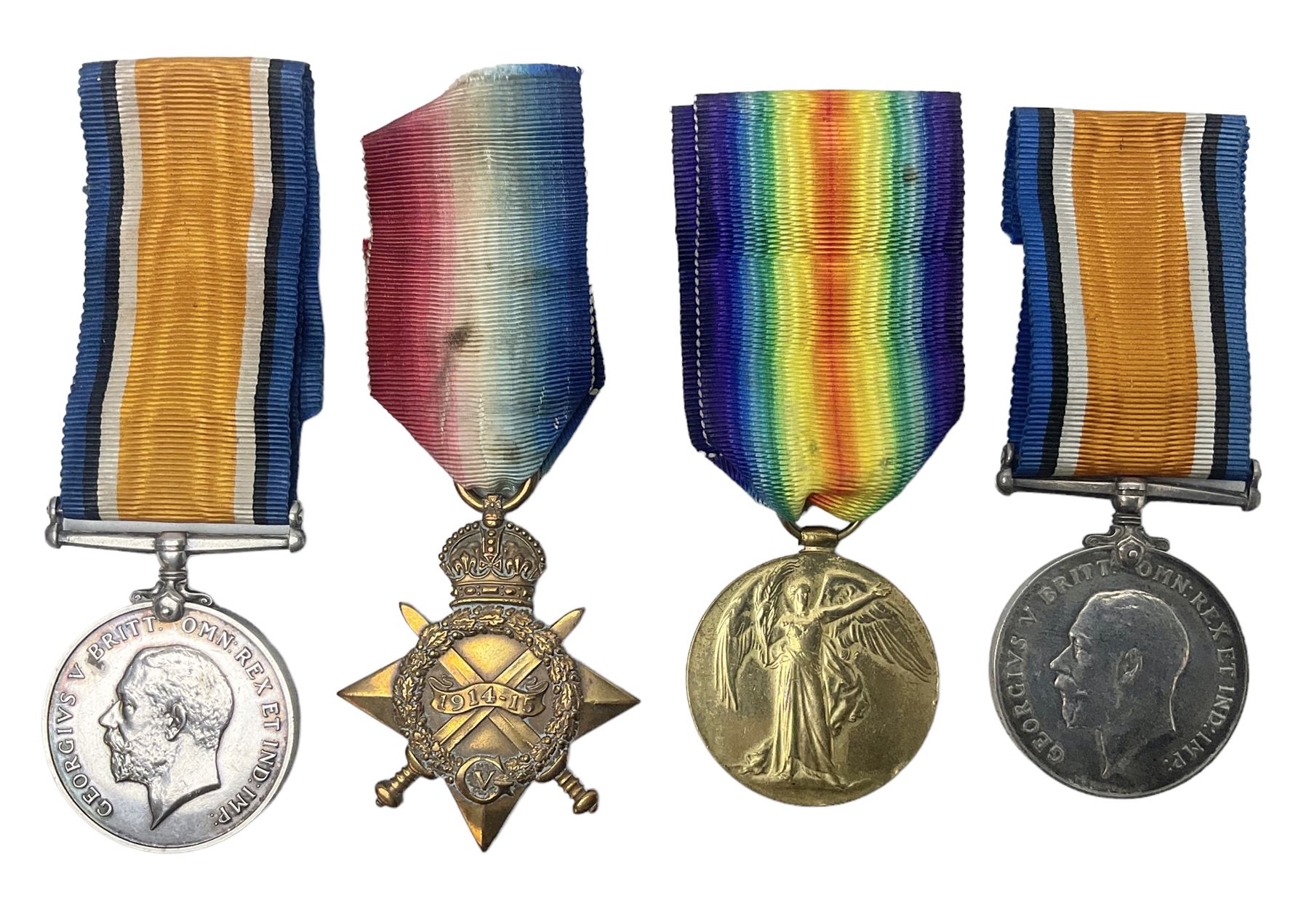 WW1 group of three medals comprising British War Medal, 1914-15 Star and Victory Medal awarded to 1781 Pte. W. Cartwright Manch. R.; and another WW1 British War Medal awarded to 30284 Pte. W.H. Paterson Manch. R.; all with ribbons (4)