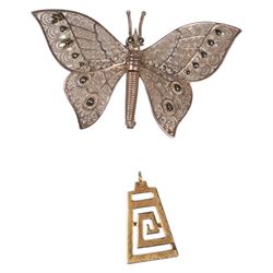 18ct gold spiral pendant, silver butterfly brooch and a beaded necklace